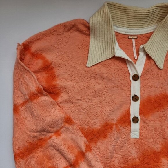 Free People Oversized Orange Peach Polo Sweater Comfy Classic Prep Casual Cute - Picture 5 of 16